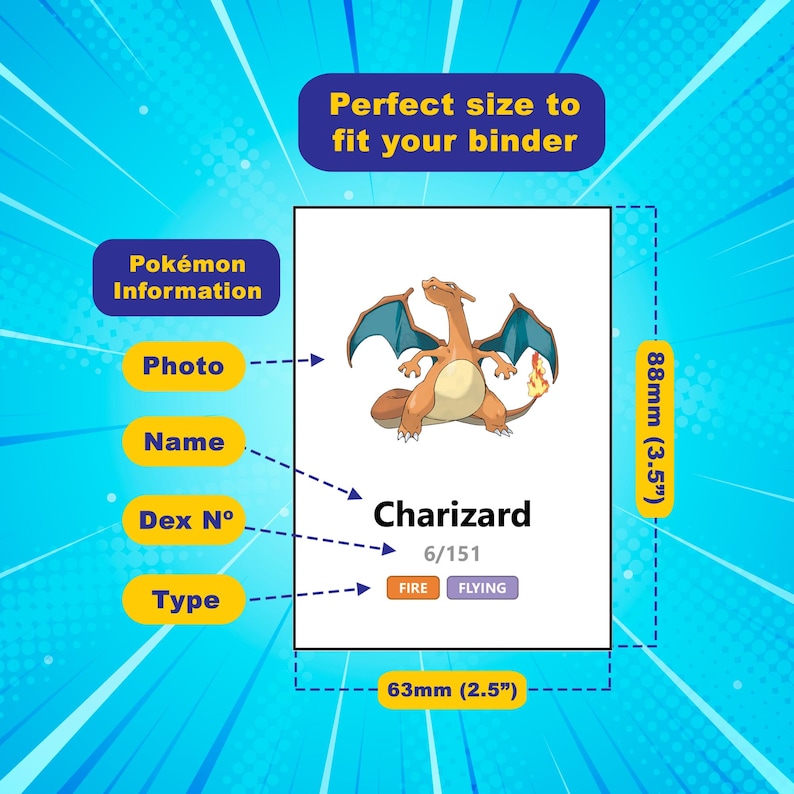 May include: A Charizard Pok&eacute;mon card, 63mm x 88mm (2.5" x 3.5"), with a fiery orange and blue dragon illustration. The card includes the name "Charizard", the number 6/151, and the types "FIRE" and "FLYING".