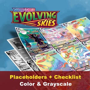 Könnte beinhalten: Eine Sammlung von Pokémon-Sammelkarten, darunter Umbreon V und Sylveon V, mit dem Logo "Evolving Skies" oben. Einige Karten sind farbig, andere in Graustufen. Der Text unten lautet "Placeholders + Checklist Color & Grayscale."