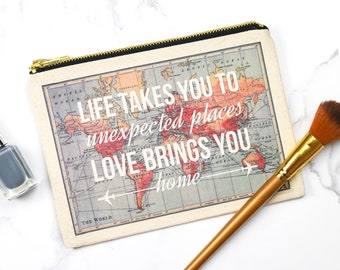 Travel Make Up Bag, Travel Gift, Cosmetic Bag, Travelling Gift, World Map, Travel Quote, Make Up Bag, Leaving Gift, Friend Gift, Home Quote