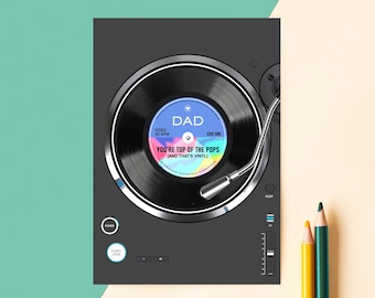 May include: A gray turntable illustration with a vinyl record that reads "DAD, You're Top of the Pops (And That's Vinyl)". The record player has a silver tone arm and control buttons. The background is a mix of teal and beige.