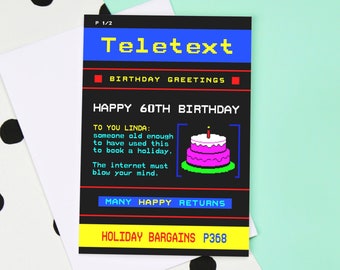 Personalised 60th Birthday Card, Funny 60th Birthday Card, Teletext Birthday Card, Personalised 60 Card, Personalised Card, 60th Birthday