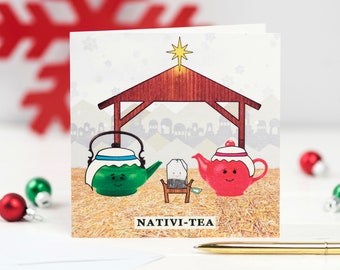 May include: A Christmas card with a nativity scene featuring teapots instead of traditional figures. The card has a red teapot, a green teapot, and a tea bag in a manger. The text "Nativi-Tea" is printed at the bottom of the card.