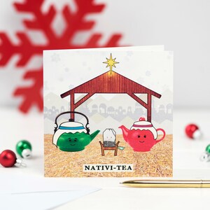 Funny Tea Christmas Card, Funny Holiday Card, Funny Christmas Card, Tea, Christmas Card Pack, Xmas Card, Nativi-tea, Holiday Card Set, Pun