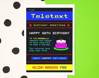 Personalised 50th Birthday Card, Funny 50th Birthday Card, Teletext Birthday Card, Personalised 50 Card, Personalised Card, 50th Birthday