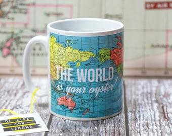 World Map Mug, Mug, Travel Quote, Travel Gift, Leaving Gift, World is Your Oyster, Travel, Wanderlust, Map Mug, Adventure, Map Quote, Map