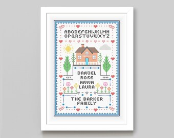 Personalised Cross Stitch Print, Custom Family Gift, Personalised Family Print, Mother's Day Gift, Gift For Parents, Gift From Children