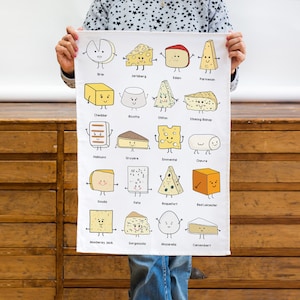 Cheese Tea Towel, Gift For Cheese Lover, Cheese Kitchen Towel, Illustrated Cheese Collection Tea Towel, Cheese Lover Gift