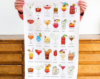 Cocktail Collection Tea Towel, Gift For Cocktail Lover, Alcohol Themed Kitchen Towel, Funny Tea Towel, Cocktail Illustrations, Cocktail Gift
