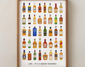 Illustrated Collection of Whisky Poster 'It's a Whisky Business', Alcohol Wall Art, Cocktail Bar Poster, Whisky Lover Gift