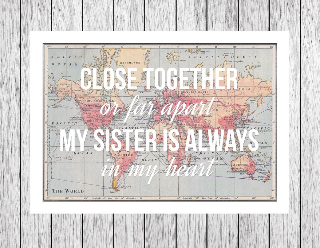Sisters Print, Long Distance, World Map Print, Gift for Sister, Sister ...