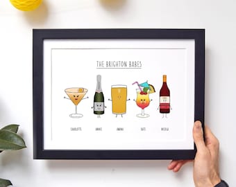 Personalised Friends Print, Custom Friendship Gift, Housemates or Uni Mates Drinks, Personalised Friend Portrait, Best Friend Gift
