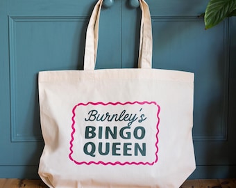 Funny Bingo Queen Personalised Tote Bag, Custom Tote Bag Gift for Bingo Lover, Personalised Location Gift, Personalised Shopper Bag