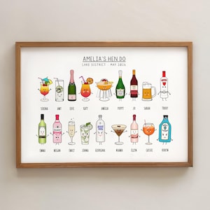 May include: A framed print featuring cartoon illustrations of various cocktails and drinks, each with a smiling face. The print is titled "AMELIA'S HEN DO LAKE DISTRICT - MAY 2026" and includes names below each drink. The frame is made of wood.