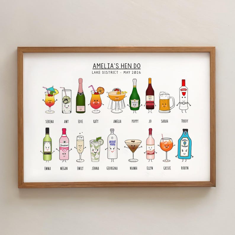 May include: A framed print featuring cartoon illustrations of various cocktails and drinks, each with a smiling face. The print is titled "AMELIA'S HEN DO LAKE DISTRICT - MAY 2026" and includes names below each drink. The frame is made of wood.