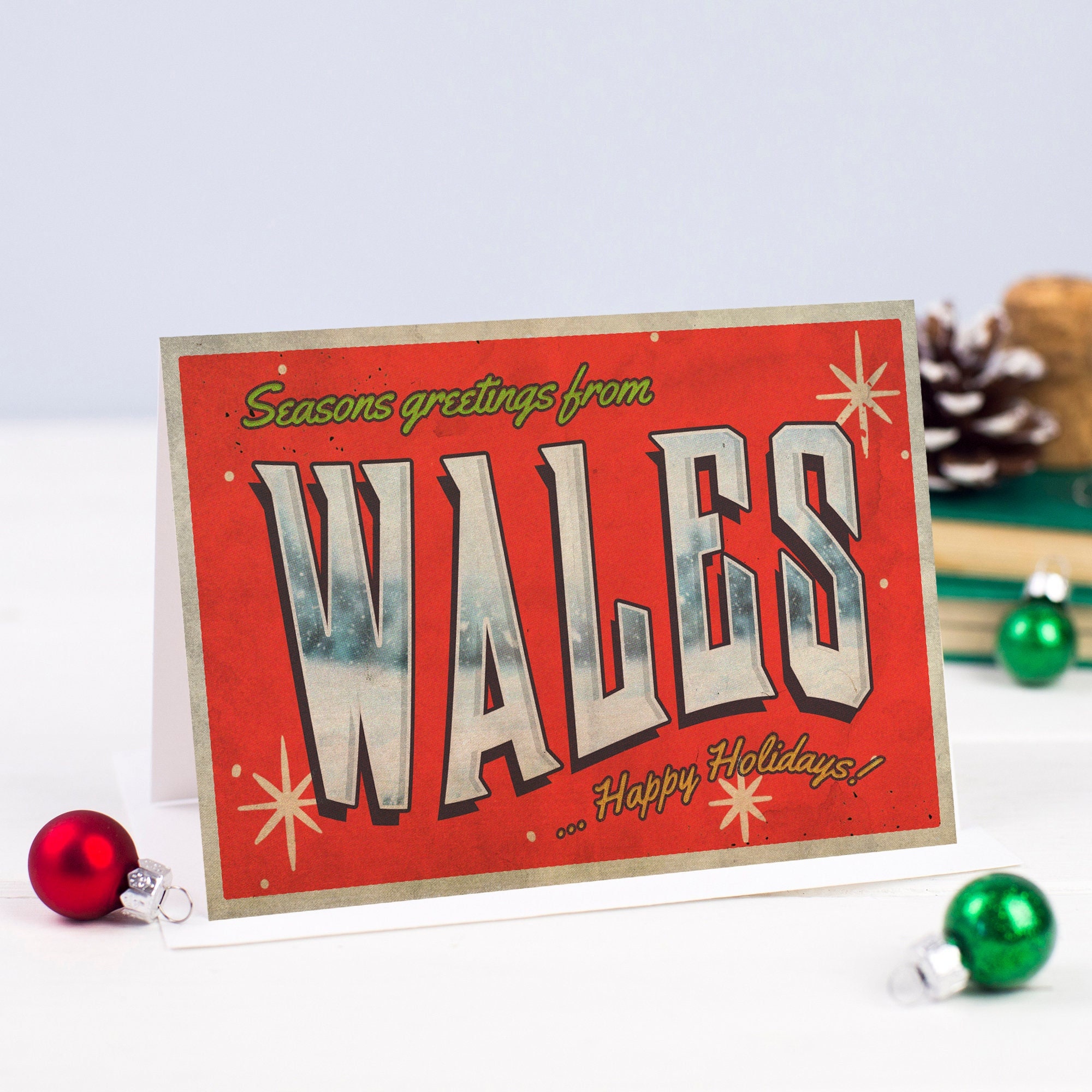 Seasons Greetings From Wales Christmas Card, Retro Holiday Card Pack, Vintage Xmas Set