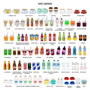 May include: A colorful illustration showcasing a variety of soft drinks, including teas, coffees, juices, sodas, and milk-based beverages. The image also features baby bottles, sippy cups, and pet bowls, all with friendly cartoon-like faces.