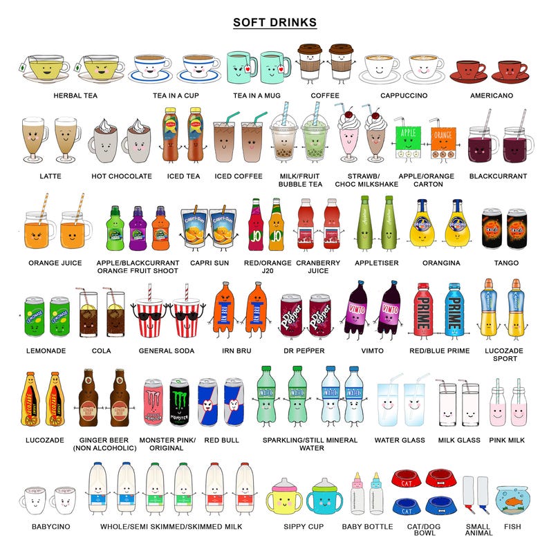 May include: A colorful illustration showcasing a variety of soft drinks, including teas, coffees, juices, sodas, and milk-based beverages. The image also features baby bottles, sippy cups, and pet bowls, all with friendly cartoon-like faces.