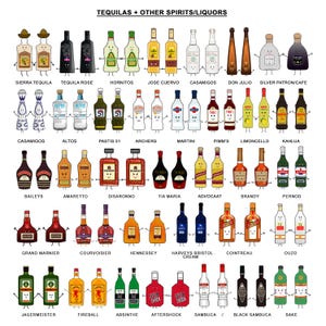 May include: Illustration of various liquor bottles, including tequila, vodka, and liqueurs. Each bottle has a cartoon face and arms. The text at the top reads "TEQUILAS + OTHER SPIRITS/LIQUORS".