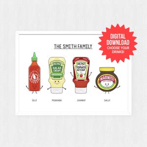 DIGITAL DOWNLOAD Personalised Family Print, Instant Download, Condiments Print, Family Illustration, Personalised Food Print, Print At Home