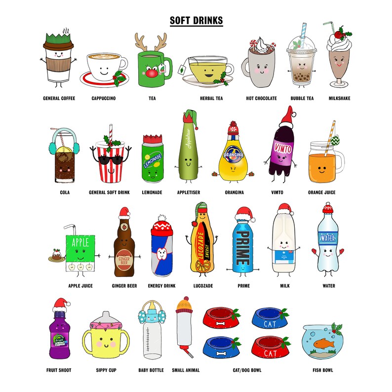 May include: A colourful illustration of various drinks and food items, each with a festive Christmas hat. The items include general coffee, cappuccino, tea, herbal tea, hot chocolate, bubble tea, milkshake, cola, general soft drink, lemonade, appletiser, orangina, vimto, orange juice, apple juice, ginger beer, energy drink, lucozade, prime, milk, water, fruit shoot, sippy cup, baby bottle, small animal, cat/dog bowl, and fish bowl.