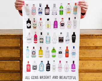 Gin Collection Tea Towel Gift For Gin Lover, Gin Kitchen Towel, Gin Montage, Gin Collection Tea Towel, Funny Tea Towel, Gin Illustrations