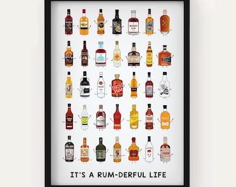 Illustrated Collection of Rums Poster 'It's a Rum-derful Life', Alcohol Wall Art, Cocktail Bar Poster, Rum Lover Gift
