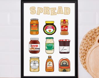 Spread Love Kitchen Poster, Illustrated Kitchen Print, Fun Kitchen Decor, Graphic Kitchen Art, Foodie Colourful Kitchen Wall Art