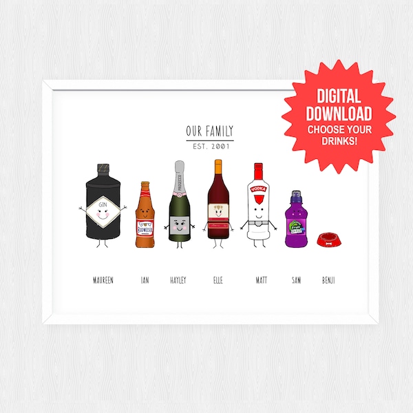 DIGITAL DOWNLOAD Personalised Family Print, Personalised Family As Drinks, Printable, Download, Illustrated Family Portrait, Print at home