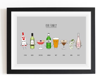 Personalised Family As Drinks Print, Illustrated Family Portrait, Family Illustration, Gift for Family