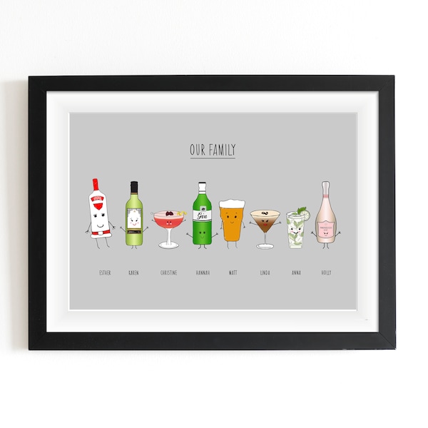 Personalised Family As Drinks Print, Illustrated Family Portrait, Family Illustration, Gift for Family