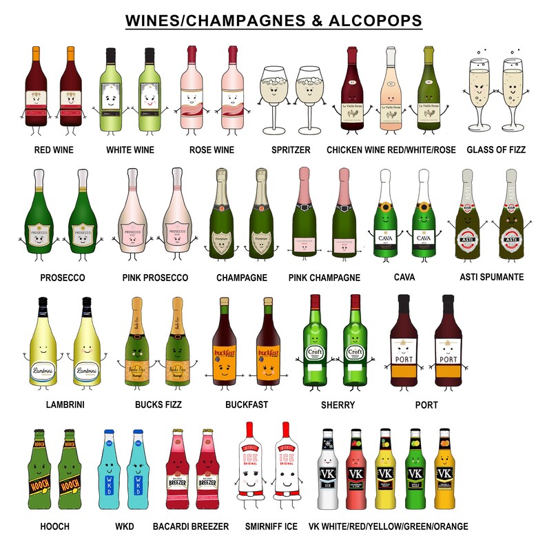 May include: Illustration of various wine and alcoholic beverage bottles and glasses, including red wine, white wine, champagne, and alcopops. Each bottle has a cartoon face and arms. Text at the top reads "WINES/CHAMPAGNES & ALCOPOPS."