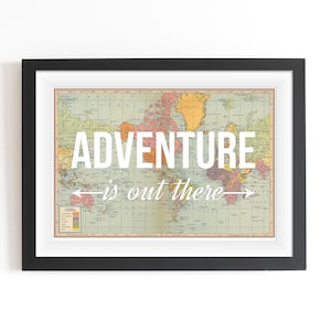 World Map Poster, Adventure is Out There, Map of World Print, Nursery Decor, Travel Quote, Wanderlust Poster, Map Art, Home Decor, Adventure