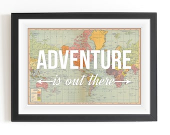 World Map Poster, Adventure is Out There, Map of World Print, Nursery Decor, Travel Quote, Wanderlust Poster, Map Art, Home Decor, Adventure