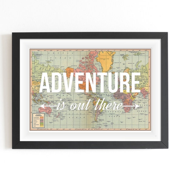 World Map Poster, Adventure is Out There, Map of World Print, Nursery Decor, Travel Quote, Wanderlust Poster, Map Art, Home Decor, Adventure