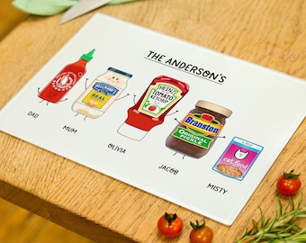 Personalised Family Food Chopping Board, Custom Condiments Cutting Board, Illustrated Family Portrait Gift