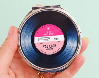 Compact Mirror Gift for Friend, Compact Make Up Mirror, Gift for Friend, Vinyl Record, Music Lover, Vinyl Lover Gift, Gift for Girlfriend
