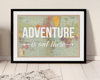 Adventure is Out There World Map Poster, Map of World Print, World Map With Quote, Wanderlust Slogan Poster, Map Wall Art, Map Home Decor