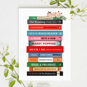 Pode incluir: Uma pilha de livros com t&iacute;tulos como "The Wedding Bells Jar" e "Bride & Prejudice" &eacute; exibida em um fundo branco. Os livros t&ecirc;m v&aacute;rias cores e s&atilde;o decorados com detalhes florais. A imagem &eacute; um design com tema de casamento.