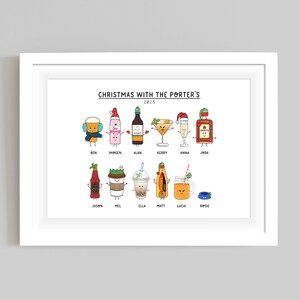 May include: A white framed print with the text "Christmas with the Porter's 2023" at the top.  The print features a cartoon illustration of 12 different drinks, each with a name underneath.  The drinks include beer, wine, cocktails, coffee, and juice.
