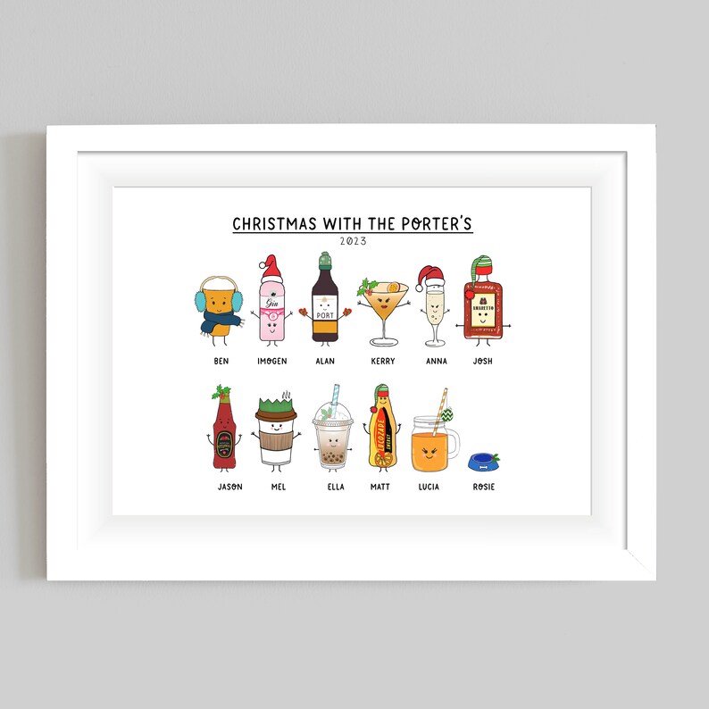 May include: A white framed print with the text "Christmas with the Porter's 2023" at the top.  The print features a cartoon illustration of 12 different drinks, each with a name underneath.  The drinks include beer, wine, cocktails, coffee, and juice.