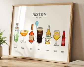 Personalised Illustrated Drinks Birthday Print, Custom Birthday Gift for Friend of Family, Personalised Favourite Drinks Wall Art