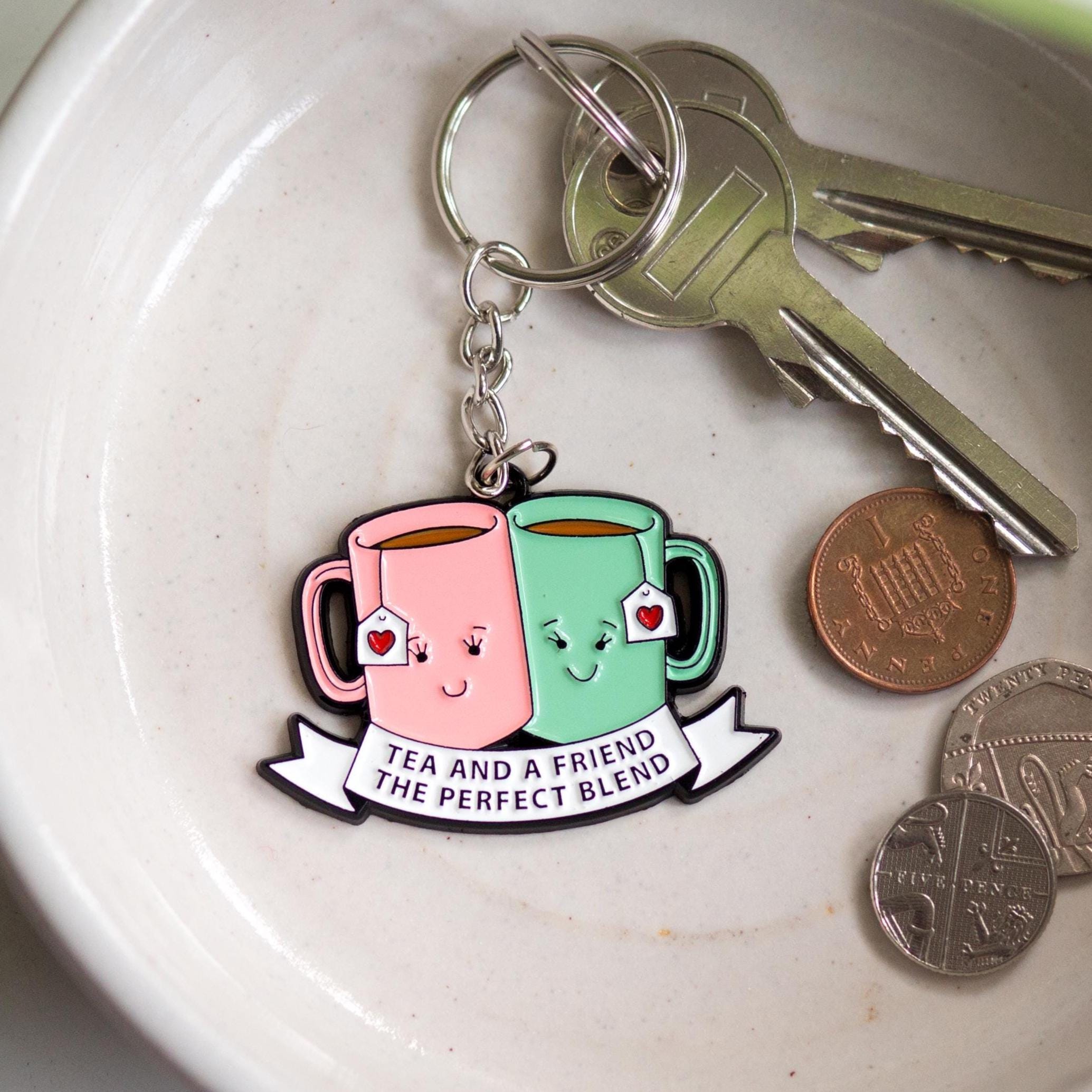 Porte-clés BEST-TEA Mignon - Plaque Argent + Bubble Tea Rose, Cadeau Pour Amies Et Amateurs De Thé