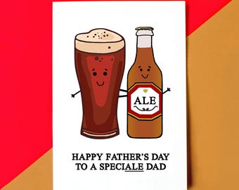 Puede incluir: Una tarjeta blanca con una ilustración de dibujos animados de un vaso de cerveza y una botella de cerveza. La cerveza y la cerveza están sonriendo y se toman de la mano. La tarjeta dice "Feliz Día del Padre a un papá especial".
