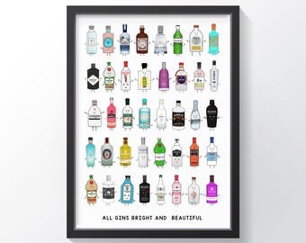 Gin Montage, Gin Print, Gin Wall Art, Gin Gift, Graphic Poster, Gin Poster, Gin Lover Gift, Gin Wall Decor, Gin Illustration, Gin Decor