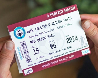 Tarjeta de boda de fútbol personalizada, tarjeta de boda personalizada, tarjeta de boda con entrada de fútbol, tarjeta de boda de equipo de fútbol, tarjeta de boda personalizada