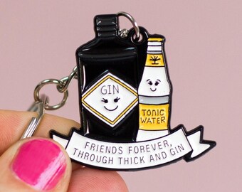 Thick & Gin Friendship Keyring, Gin Keychain Gift For Friend, Gin Themed Best Friend Gift, Gin Bag Charm For Friend