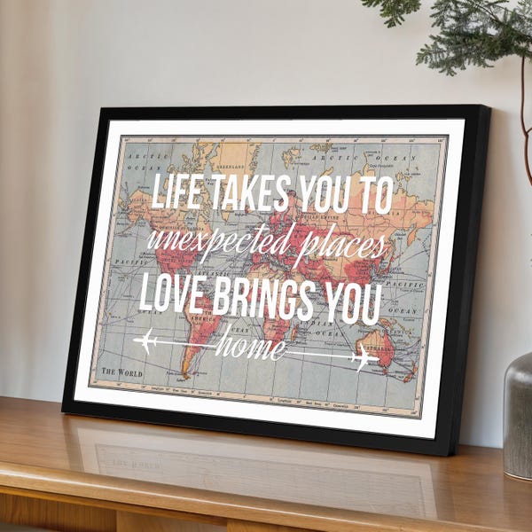 Póster de mapa del mundo con frase "La vida te lleva", impresión de mapa del mundo, arte mural con mapa del mundo, impresión personalizada de pasión por los viajes, frase para el hogar
