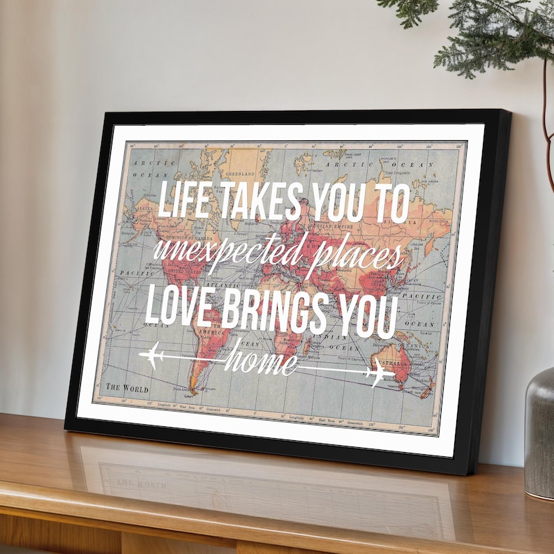 World Map Poster With Quote 'Life Takes You', World Map Print, Map of the World Wall Art, Personalised Wanderlust Print, Home Quote afbeelding 1