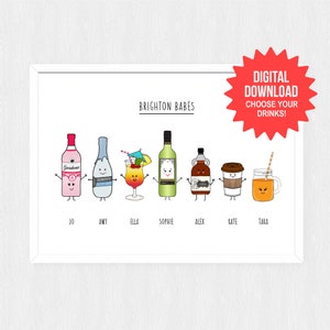 DIGITAL DOWNLOAD Personalised Friends As Drinks Print, Personalised Print At Home, Printable, Custom Friendship Art, Custom Illustration