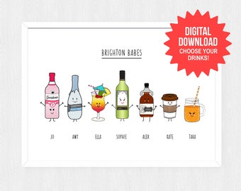 DIGITAL DOWNLOAD Personalised Friends As Drinks Print, Personalised Print At Home, Printable, Custom Friendship Art, Custom Illustration